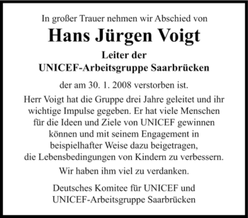 Traueranzeige von Hans Jürgen Voigt von SAARBRÜCKER ZEITUNG