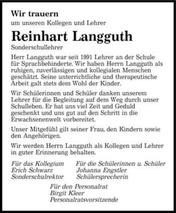 Traueranzeige von Reinhart Langguth von SAARBRÜCKER ZEITUNG