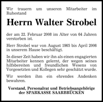 Traueranzeige von Walter Strobel von SAARBRÜCKER ZEITUNG