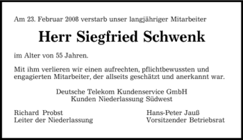Traueranzeige von Siegfried Schwenk von SAARBRÜCKER ZEITUNG