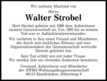 Traueranzeige von Walter Strobel von SAARBRÜCKER ZEITUNG