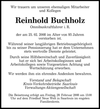 Traueranzeige von Reinhold Buchholz von SAARBRÜCKER ZEITUNG