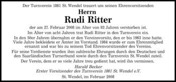 Traueranzeige von Rudi Ritter von SAARBRÜCKER ZEITUNG