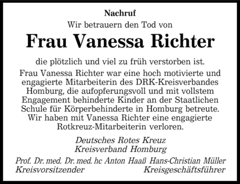  Traueranzeige für Vanessa Richter vom 05.04.2008 aus SAARBRÜCKER ZEITUNG