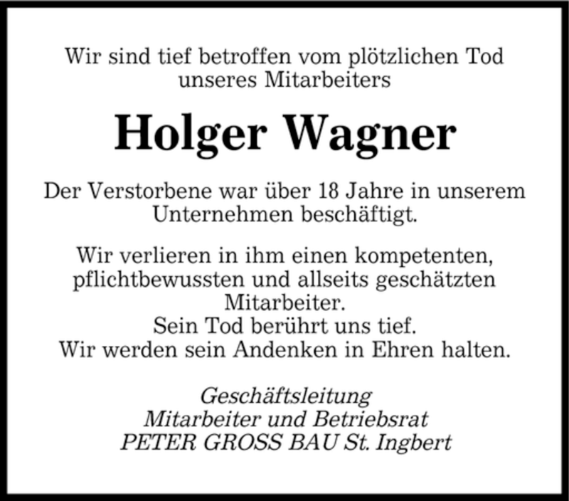  Traueranzeige für Holger Wagner vom 05.04.2008 aus SAARBRÜCKER ZEITUNG
