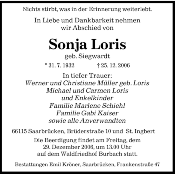 Traueranzeige von Sonja Loris von STADTVERBAND SAARBRÜCKEN