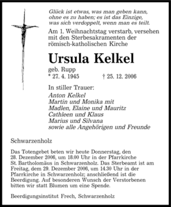Traueranzeige von Ursula Kelkel von SAARBRÜCKER ZEITUNG