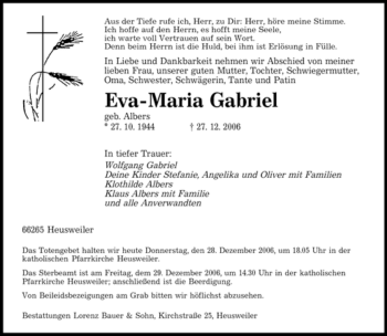Traueranzeige von Eva-Maria Gabriel von SAARBRÜCKER ZEITUNG