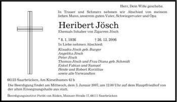 Traueranzeige von Heribert Jösch von SAARBRÜCKER ZEITUNG