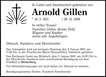 Traueranzeige von Arnold Gillen von SAARBRÜCKER ZEITUNG