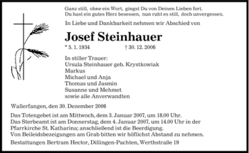 Traueranzeige von Josef Steinhauer von SAARBRÜCKER ZEITUNG