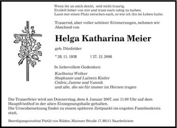 Traueranzeige von Helga Katharina Meier von SAARBRÜCKER ZEITUNG