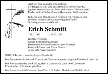 Traueranzeige von Erich Schmitt von SAARBRÜCKER ZEITUNG