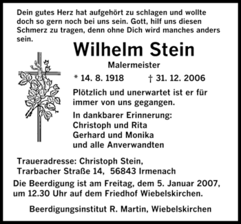 Traueranzeige von Wilhelm Stein von SAARBRÜCKER ZEITUNG