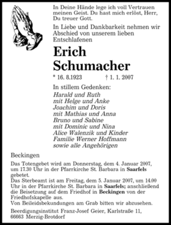 Traueranzeige von Erich Schumacher von SAARBRÜCKER ZEITUNG