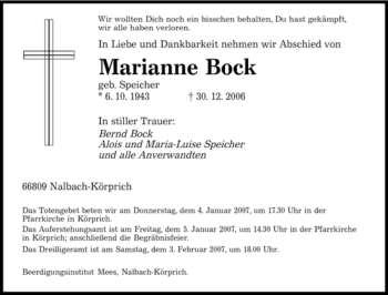 Traueranzeige von Marianne Bock von SAARBRÜCKER ZEITUNG