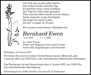 Traueranzeige von Bernhard Ewen von SAARBRÜCKER ZEITUNG