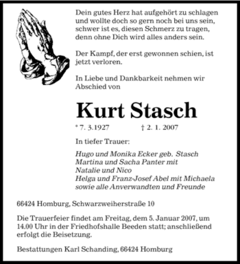 Traueranzeige von Kurt Stasch von SAARBRÜCKER ZEITUNG