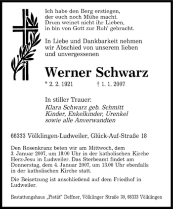 Traueranzeige von Werner Schwarz von SAARBRÜCKER ZEITUNG