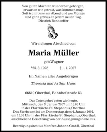 Traueranzeige von Maria Müller von SAARBRÜCKER ZEITUNG