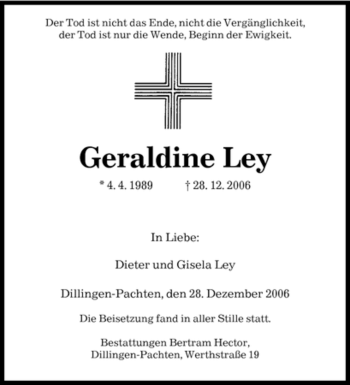 Traueranzeige von Geraldine Ley von SAARBRÜCKER ZEITUNG