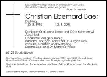 Traueranzeige von Christian Eberhard Baer von SAARBRÜCKER ZEITUNG