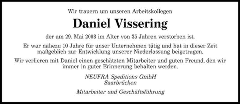  Traueranzeige für Daniel Vissering vom 02.06.2008 aus SAARBRÜCKER ZEITUNG