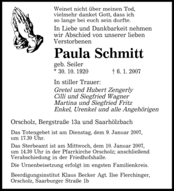 Traueranzeige von Paula Schmitt von SAARBRÜCKER ZEITUNG