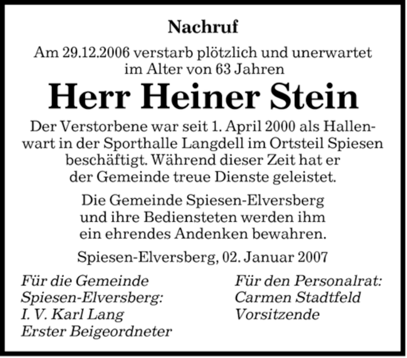  Traueranzeige für Stein hruf vom 06.01.2007 aus SAARBRÜCKER ZEITUNG