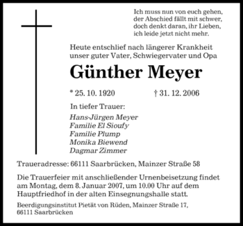 Traueranzeige von Günther Meyer von SAARBRÜCKER ZEITUNG