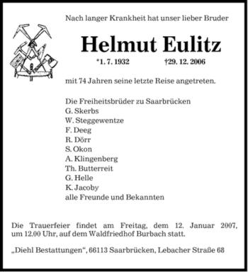 Traueranzeige von Helmut Eulitz von SAARBRÜCKER ZEITUNG