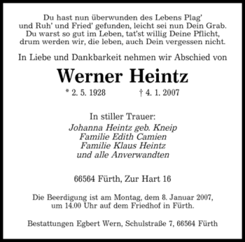 Traueranzeige von Werner Heintz von SAARBRÜCKER ZEITUNG