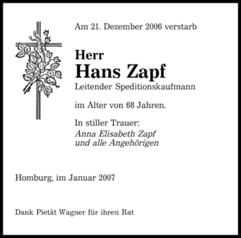 Traueranzeige von Hans Zapf von SAARBRÜCKER ZEITUNG