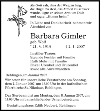 Traueranzeige von Barbara Gimler von SAARBRÜCKER ZEITUNG