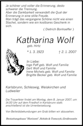 Traueranzeige von Katharina Wolf von SAARBRÜCKER ZEITUNG