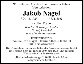 Traueranzeige von Jakob Nagel von SAARBRÜCKER ZEITUNG