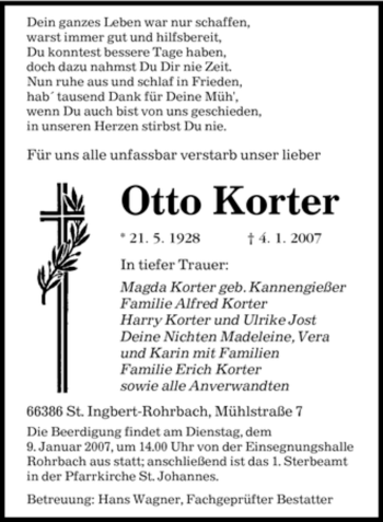 Traueranzeige von Otto Korter von SAARBRÜCKER ZEITUNG