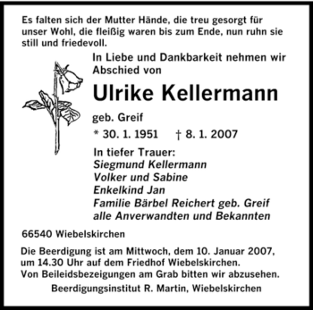 Traueranzeige von Ulrike Kellermann von SAARBRÜCKER ZEITUNG