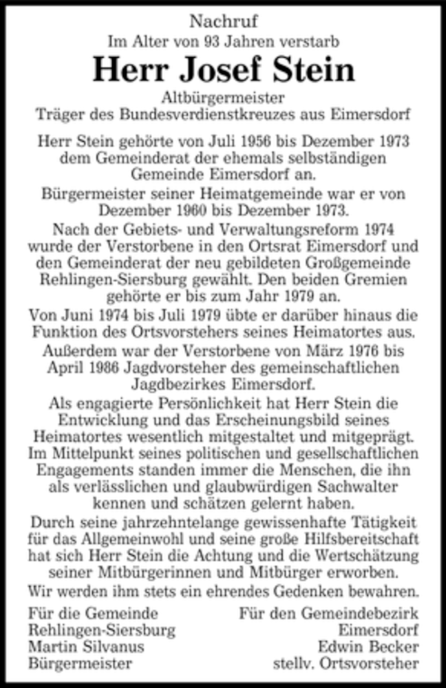  Traueranzeige für Josef Stein vom 05.07.2008 aus SAARBRÜCKER ZEITUNG
