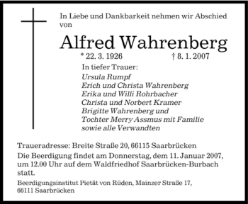 Traueranzeige von Alfred Wahrenberg von SAARBRÜCKER ZEITUNG