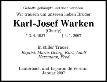 Traueranzeige von Karl-Josef Warken von SAARBRÜCKER ZEITUNG