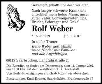 Traueranzeige von Rolf Weber von SAARBRÜCKER ZEITUNG