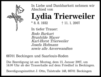 Traueranzeige von Lydia Trierweiler von SAARBRÜCKER ZEITUNG