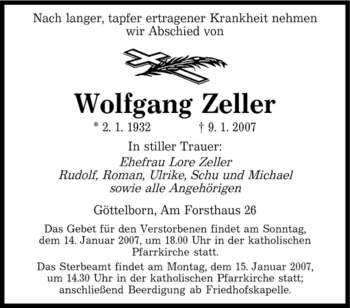 Traueranzeige von Wolfgang Zeller von SAARBRÜCKER ZEITUNG