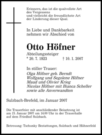 Traueranzeige von Otto Höfner von SAARBRÜCKER ZEITUNG