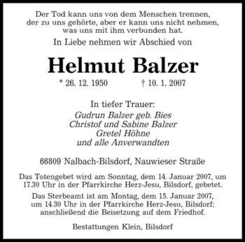 Traueranzeige von Helmut Balzer von SAARBRÜCKER ZEITUNG