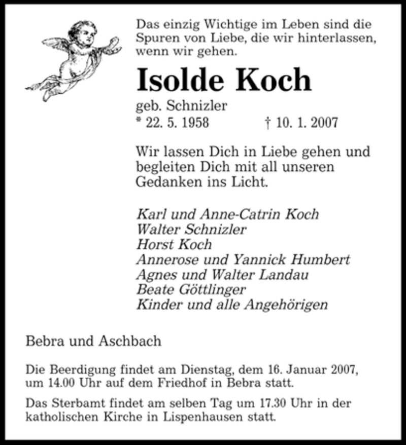  Traueranzeige für Isolde Koch vom 13.01.2007 aus SAARBRÜCKER ZEITUNG