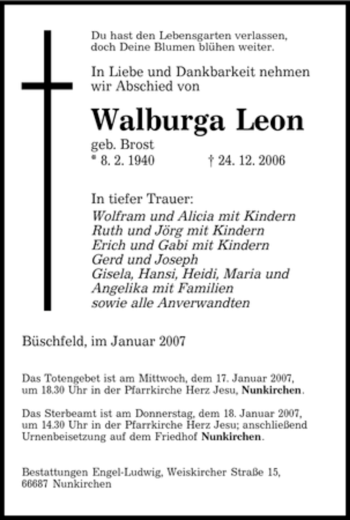 Traueranzeige von Walburga Leon von SAARBRÜCKER ZEITUNG
