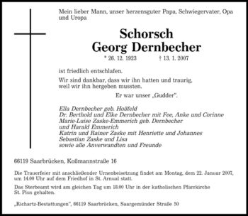 Traueranzeige von Georg Schorsch Dernbecher von SAARBRÜCKER ZEITUNG