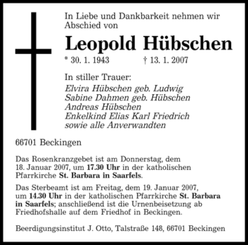 Traueranzeige von Leopold Hübschen von SAARBRÜCKER ZEITUNG